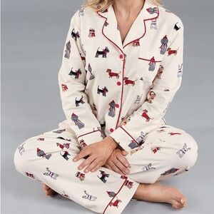 PajamaGram Matching Flannel Pajama Set Cream with Red Details & Christmas Dogs